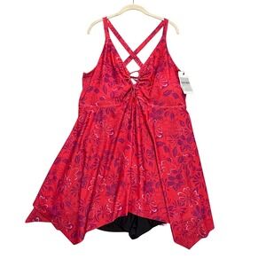Hanna Nikole Swimdress Women 28W Red Floral Handkerchief Hem Plus Size Swimsuit